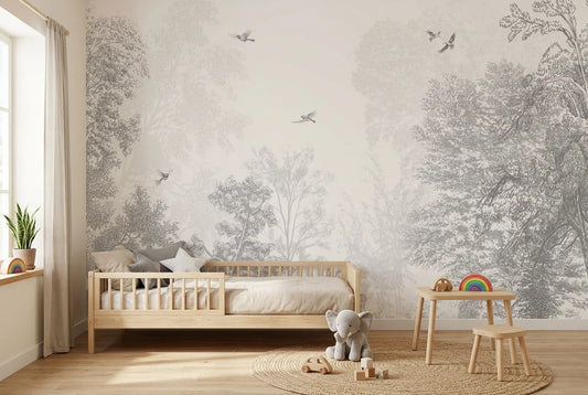 Papel tapiz Agatha Bosque instalado en una habitación infantil