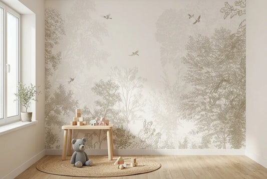 Papel tapiz Agatha Sepia instalado en una habitación infantil