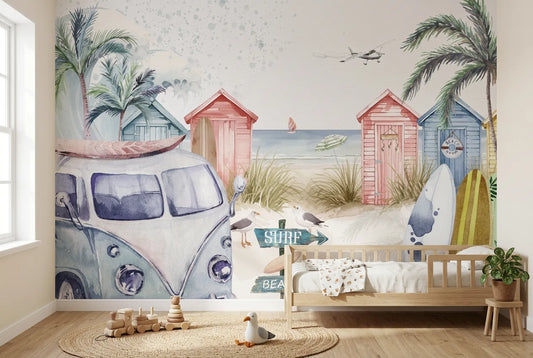 Papel tapiz Aloha Beach instalado en una habitación infantil