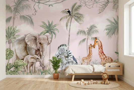 Papel tapiz Amanecer Safari instalado en una habitación infantil