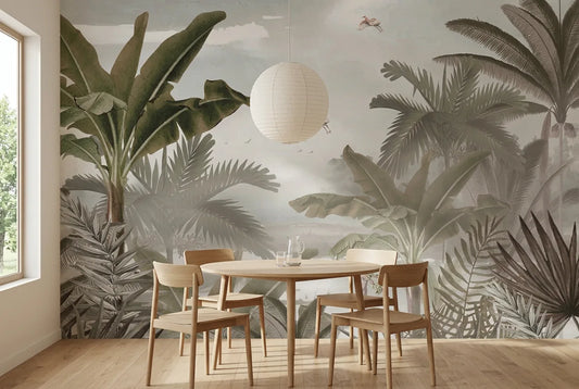 Papel tapiz Amazonía instalado en un comedor luminoso