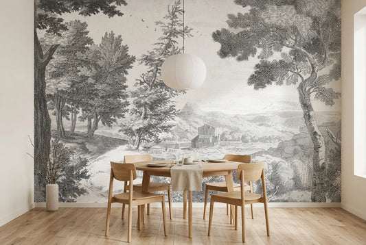 Papel tapiz Amberes Gris instalado en un comedor luminoso
