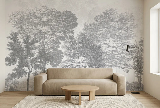 Papel tapiz Arboleda Gris instalado en una sala de estar minimalista