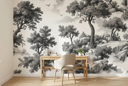 Papel tapiz Arboleda Toile instalado en un espacio de trabajo en casa