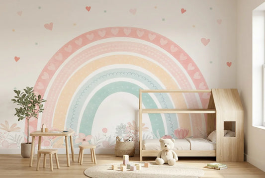Papel tapiz Arcoíris Floral instalado en una habitación infantil