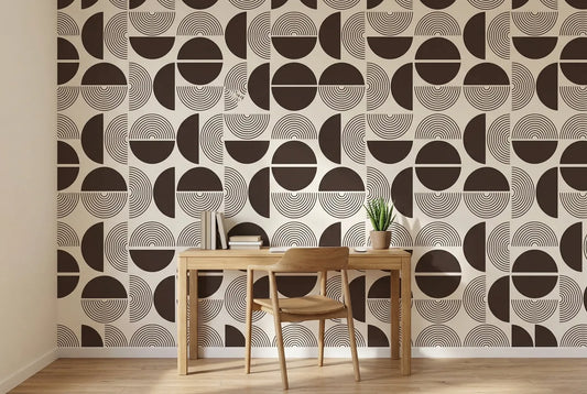 Papel tapiz Arcos Bauhaus instalado en un espacio de trabajo en casa