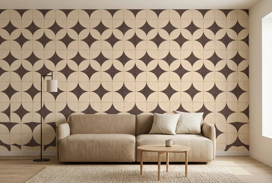 Papel tapiz Arcos Retro Empapelados y Patrones instalado en una sala de estar minimalista