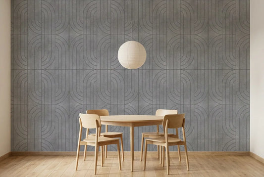 Papel tapiz Arcos Urbanos instalado en un comedor luminoso