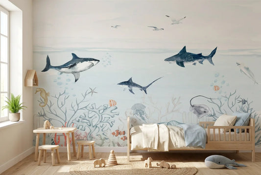 Papel tapiz Arrecife y Tiburones instalado en una habitación infantil
