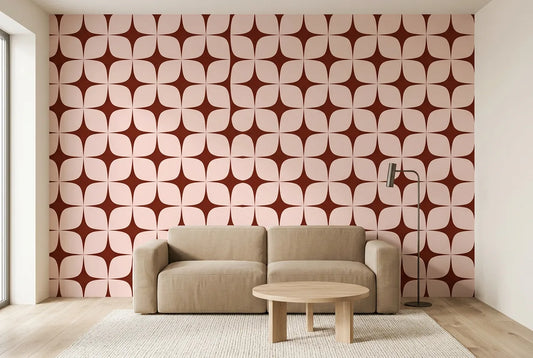 Papel tapiz Astro Terracota instalado en una sala de estar minimalista
