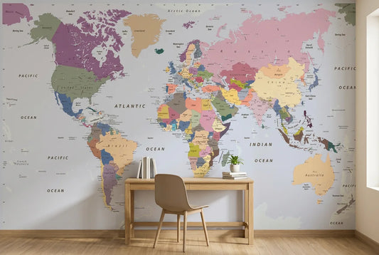Papel tapiz Atlas Vintage instalado en un espacio de trabajo en casa