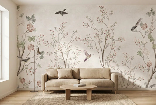 Papel tapiz Aurora Beige instalado en una sala de estar minimalista