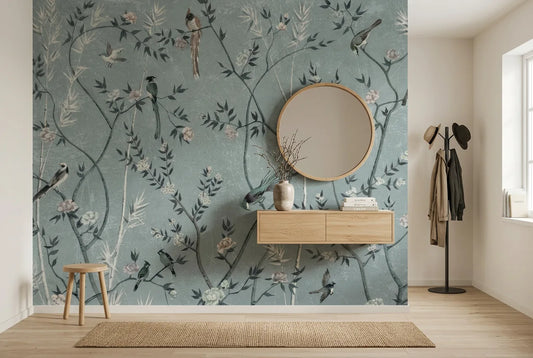 Papel tapiz Aves del Paraíso instalado en un recibidor de estilo nórdico