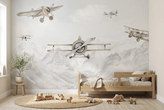 Papel tapiz Avionetas Vintage instalado en una habitación infantil