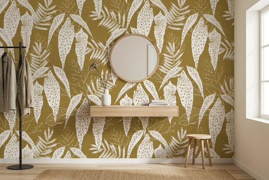 Papel tapiz Begonia Ocre instalado en un recibidor de estilo nórdico
