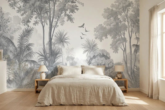 Papel tapiz Belfast Gray instalado en un dormitorio sereno