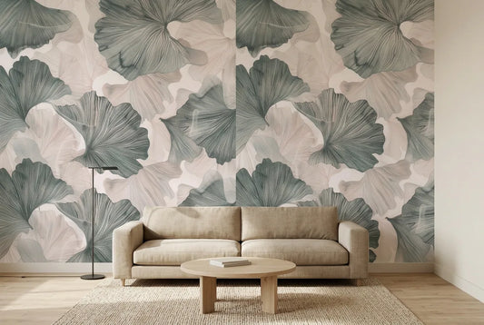 Papel tapiz Biloba Suave instalado en una sala de estar minimalista