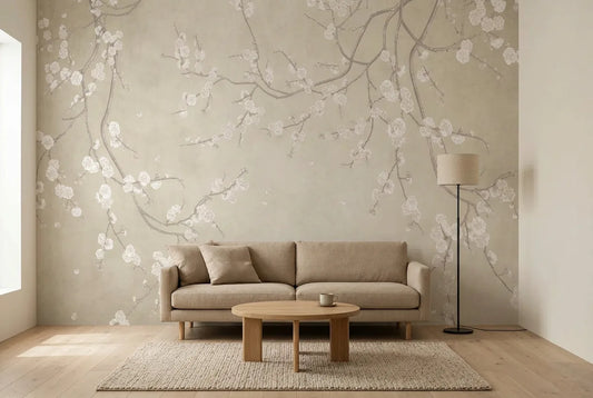 Papel tapiz Blossom Vintage instalado en una sala de estar minimalista