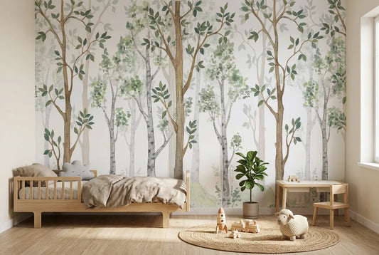 Papel tapiz Bosque Acuarela instalado en una habitación infantil