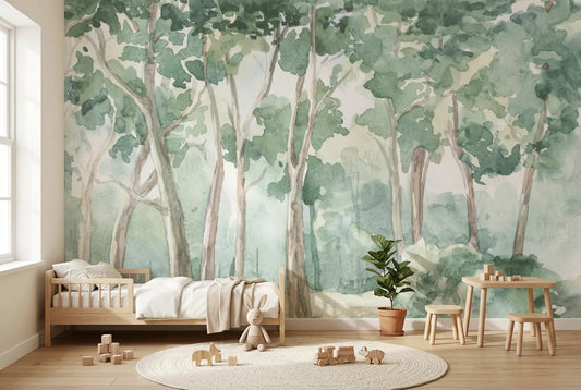 Papel tapiz Bosque Acuarela Infantil Paisajes y Flores instalado en una habitación infantil