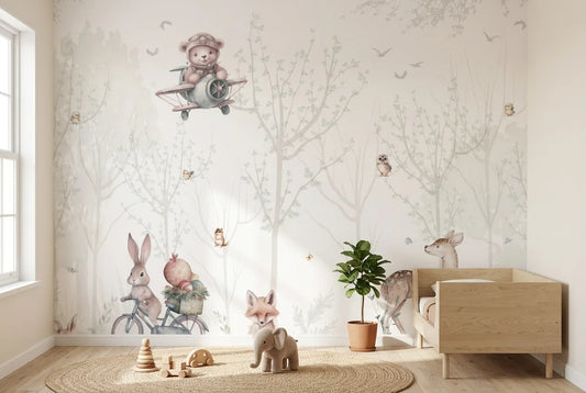 Papel tapiz Bosque Aventuras instalado en una habitación infantil