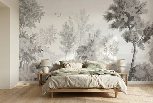 Papel tapiz Bosque Carrara instalado en un dormitorio sereno