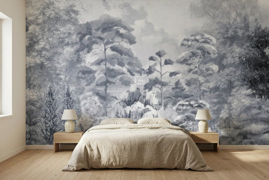 Papel tapiz Bosque de Bruma Paisajes instalado en un dormitorio sereno
