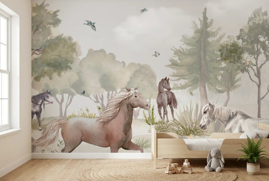 Papel tapiz Bosque de Corceles instalado en una habitación infantil