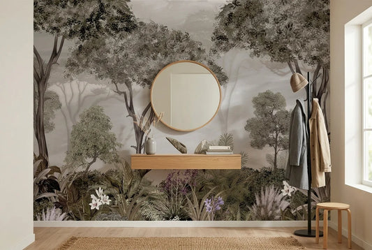 Papel tapiz Bosque Dijon instalado en un recibidor de estilo nórdico