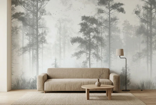 Papel tapiz Bosque Ficuzza instalado en una sala de estar minimalista
