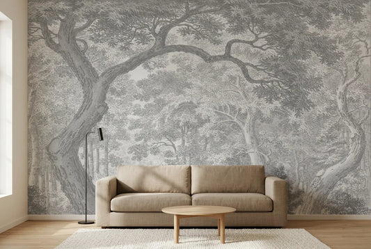 Papel tapiz Bosque Místico instalado en una sala de estar minimalista