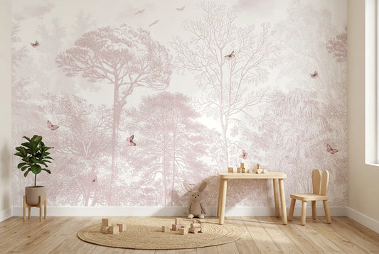 Papel tapiz Bosque Rosé instalado en una habitación infantil