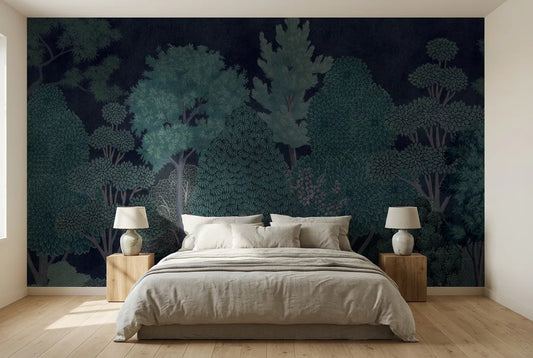 Papel tapiz Bosque Shiva instalado en un dormitorio sereno