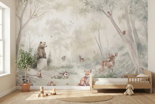 Papel tapiz Bosque Terra instalado en una habitación infantil
