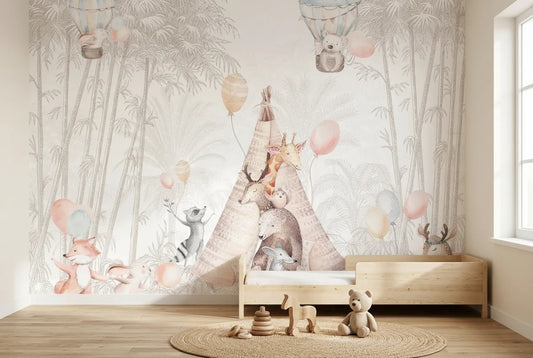 Papel tapiz Bosque Tipi instalado en una habitación infantil