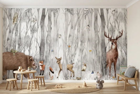 Papel tapiz Bosque Winter instalado en una habitación infantil