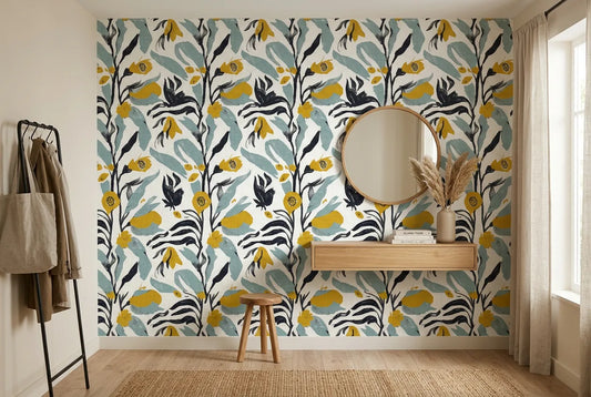 Papel tapiz Botánica Ámbar instalado en un recibidor de estilo nórdico