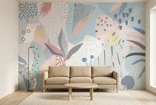 Papel tapiz Brisa Pastel instalado en una sala de estar minimalista