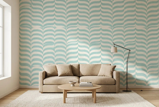 Papel tapiz Brisa Retro instalado en una sala de estar minimalista
