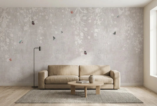Papel tapiz Brisa y Mariposas instalado en una sala de estar minimalista