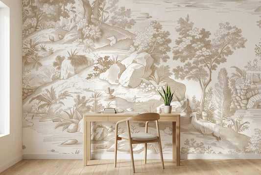 Papel tapiz Bucólico Sepia instalado en un espacio de trabajo en casa