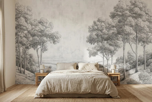 Papel tapiz Campo Gris instalado en un dormitorio sereno