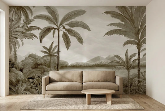 Papel tapiz Canaán Sepia instalado en una sala de estar minimalista