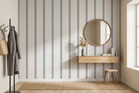 Papel tapiz Celeste Lino instalado en un recibidor de estilo nórdico