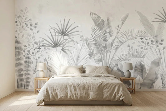 Papel tapiz Claridad Tropical instalado en un dormitorio sereno