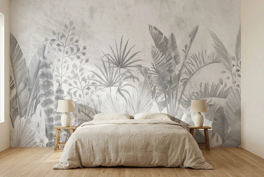 Papel tapiz Clarity Gray instalado en un dormitorio sereno
