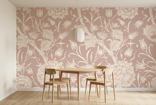 Papel tapiz Dalia Rosa instalado en un comedor luminoso