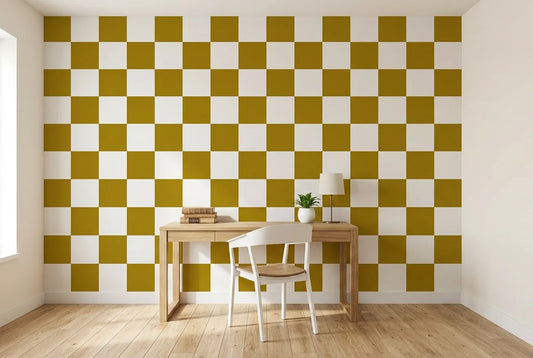 Papel tapiz Damero Retro instalado en un espacio de trabajo en casa