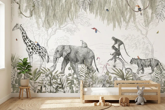 Papel tapiz Desfile Safari instalado en una habitación infantil