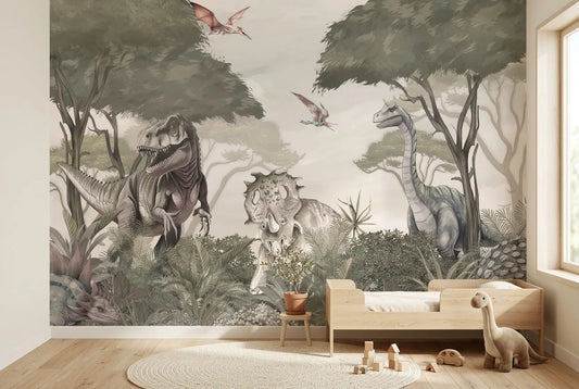 Papel tapiz Dino Kingdom instalado en una habitación infantil